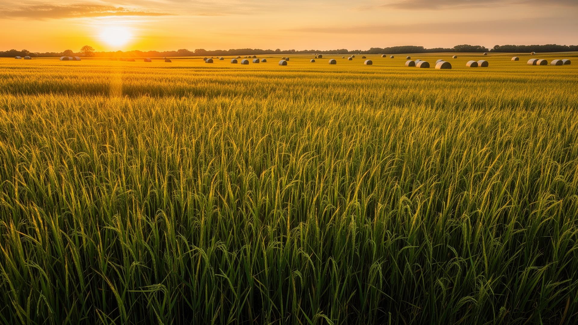 Tall dense hay field at golden hour with baled hay rolls in the distance