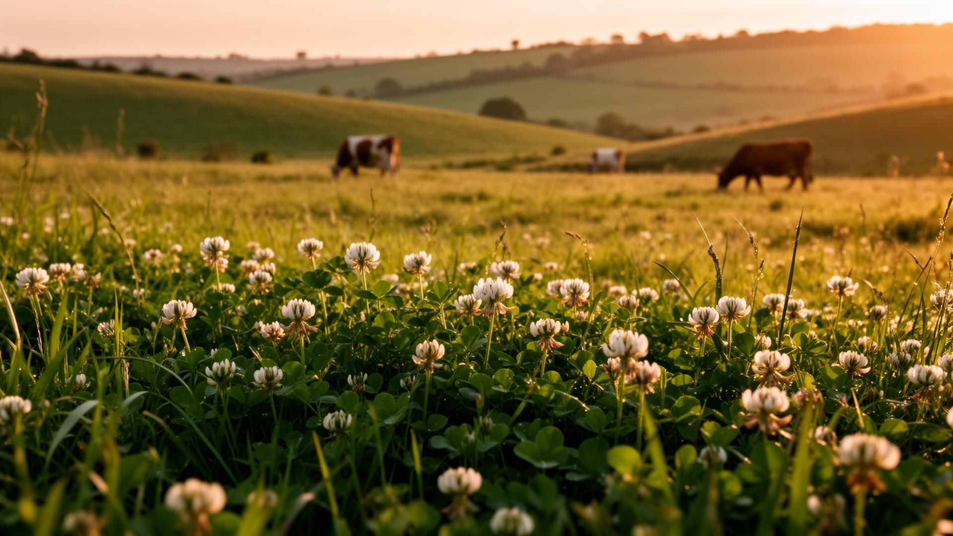 Lush regenerative pasture with trefoil clover and cattle grazing at golden hour